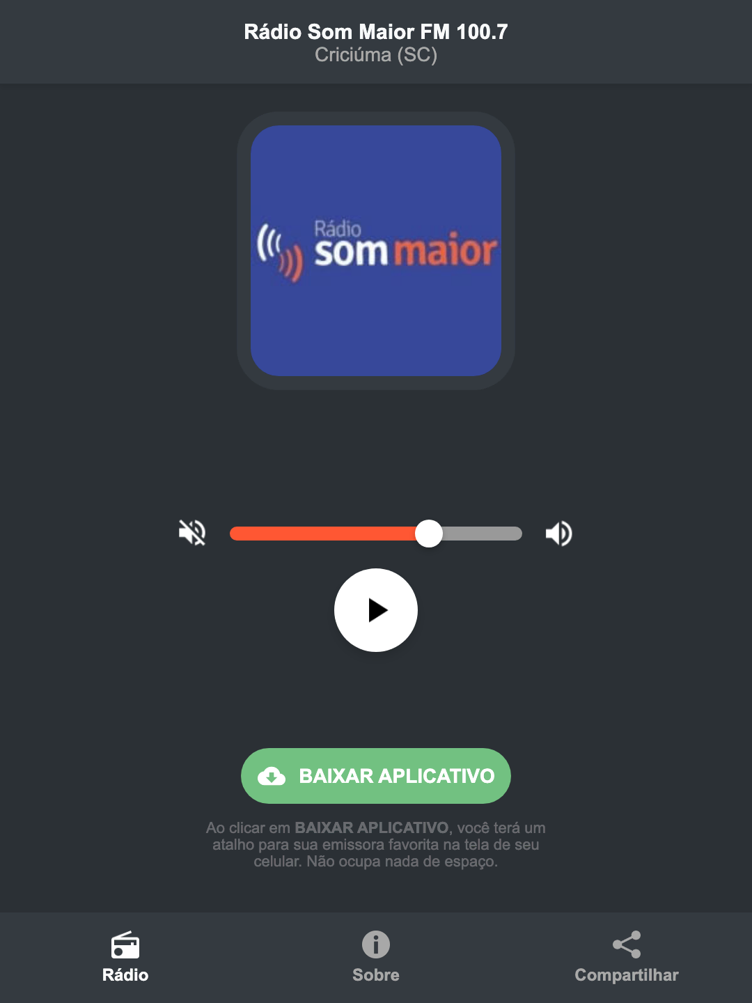 Screenshot do aplicativo da Rádio Som Maior FM 100.7