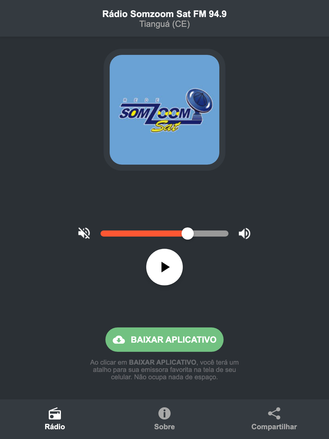 Screenshot do aplicativo da Rádio Somzoom Sat FM 94.9