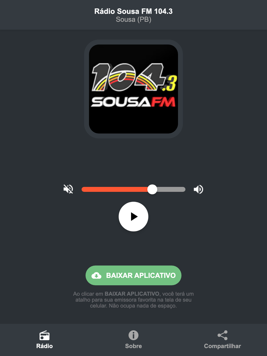 Screenshot do aplicativo da Rádio Sousa FM 104.3