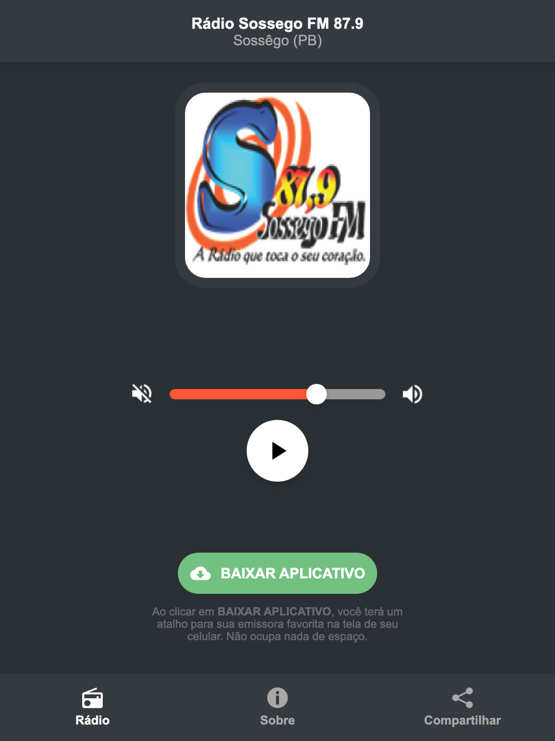 Screenshot do aplicativo da Rádio Sossego FM 87.9