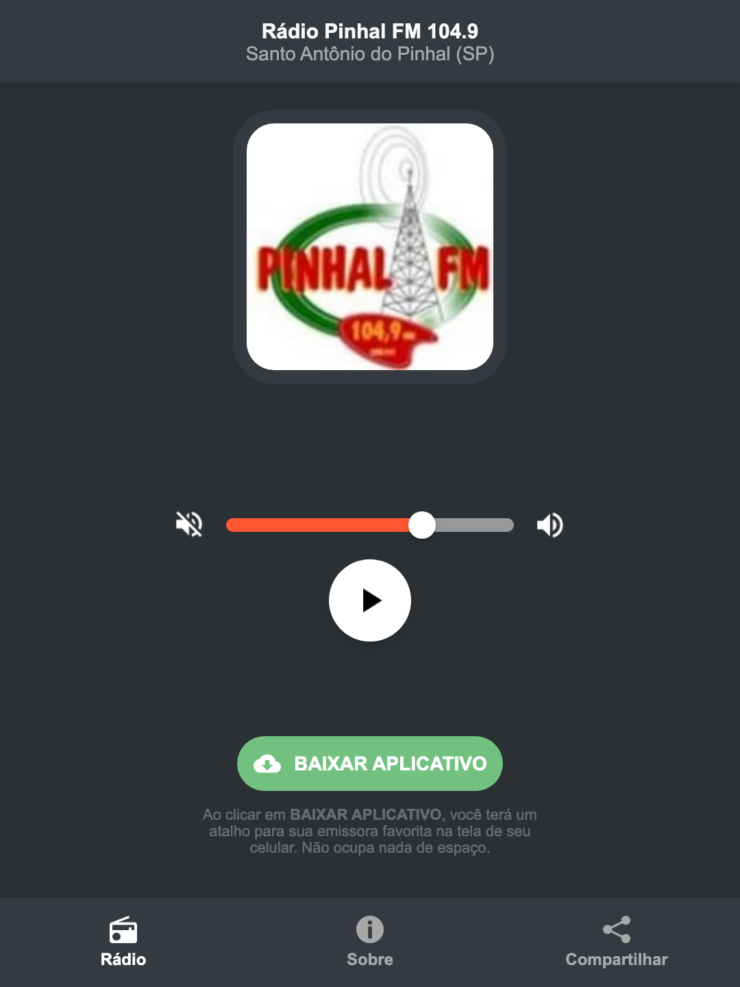 Screenshot do aplicativo da Rádio Pinhal FM 104.9