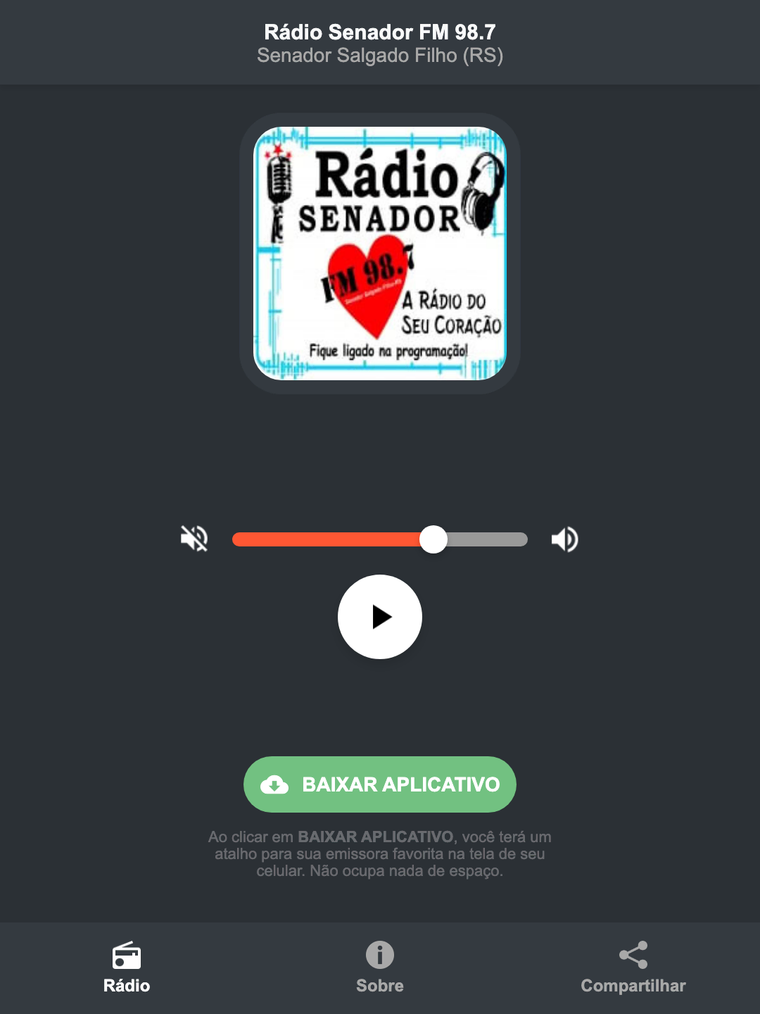 Screenshot do aplicativo da Rádio Senador FM 98.7