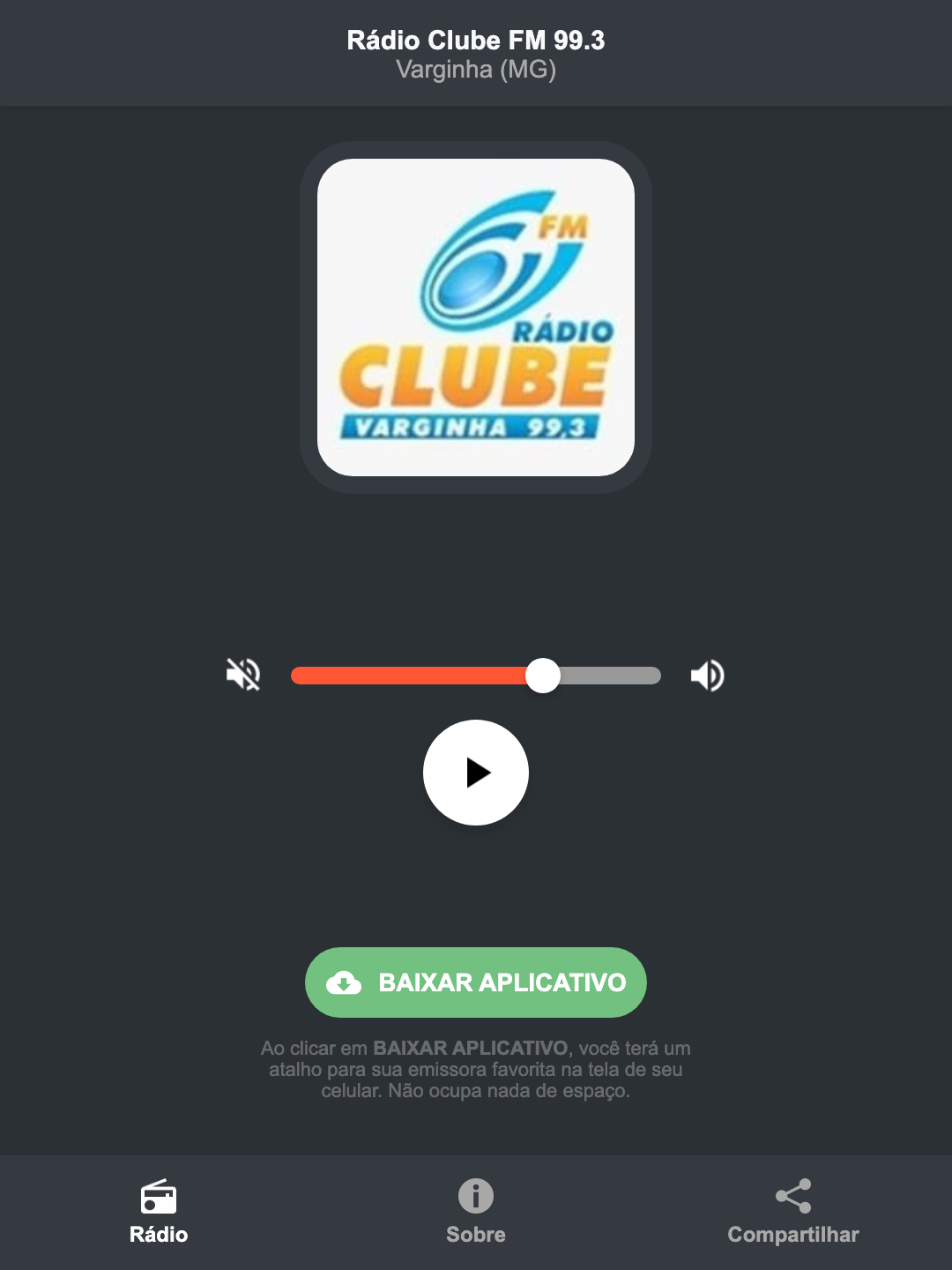 Screenshot do aplicativo da Rádio Clube FM 99.3