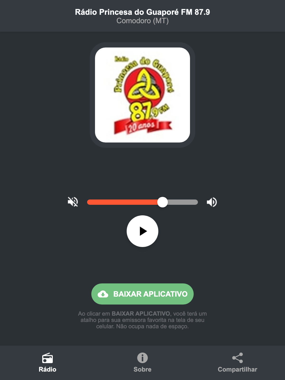 Screenshot do aplicativo da Rádio Princesa do Guaporé FM 87.9