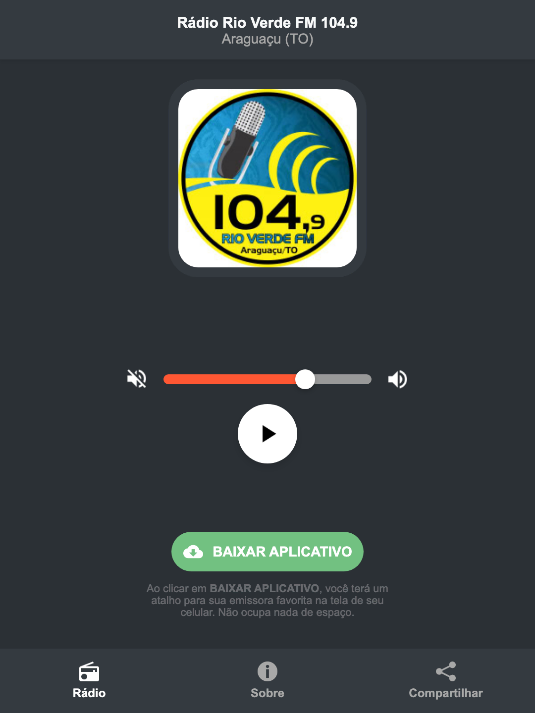 Screenshot do aplicativo da Rádio Rio Verde FM 104.9