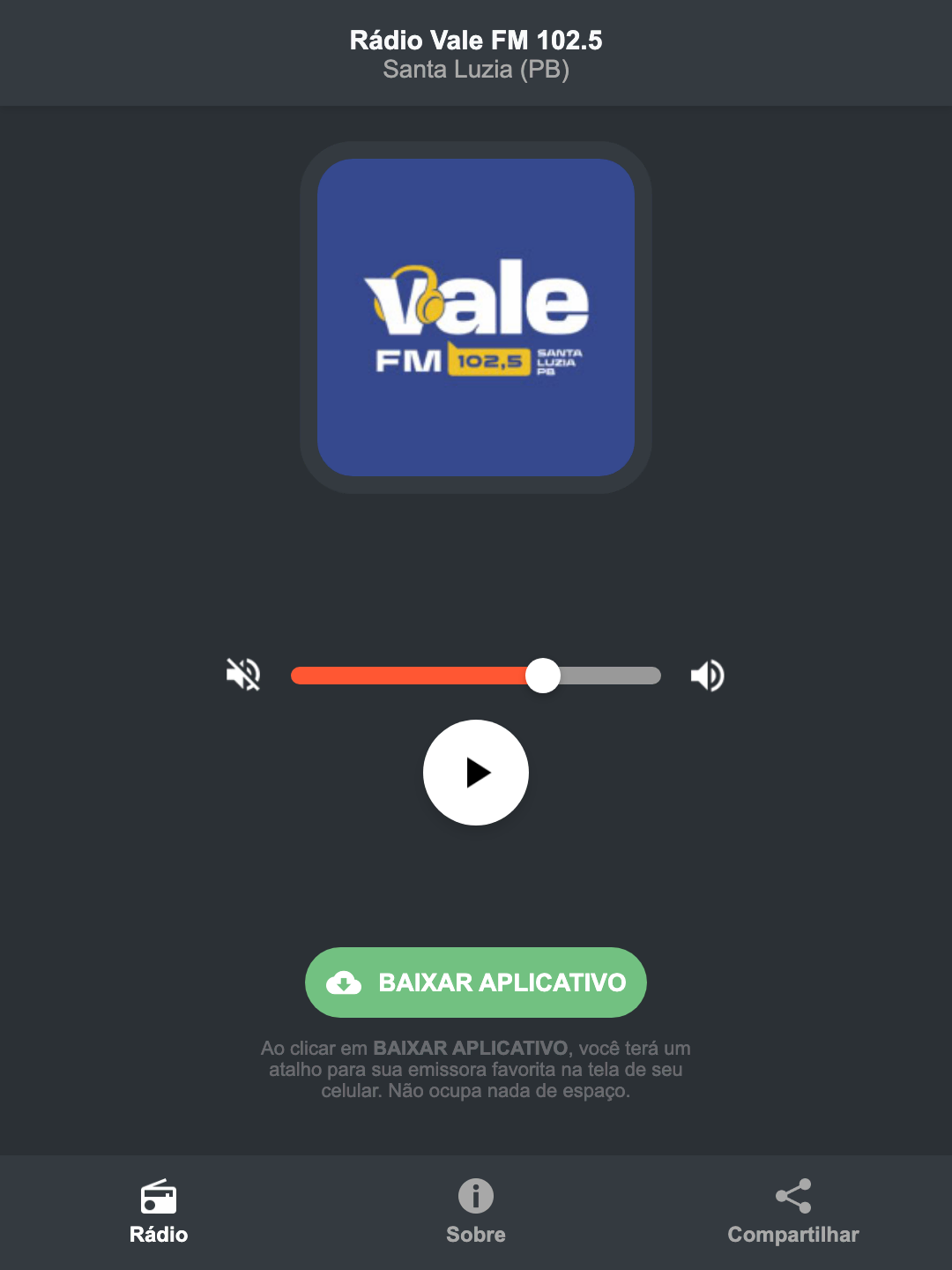 Screenshot do aplicativo da Rádio Vale FM 102.5