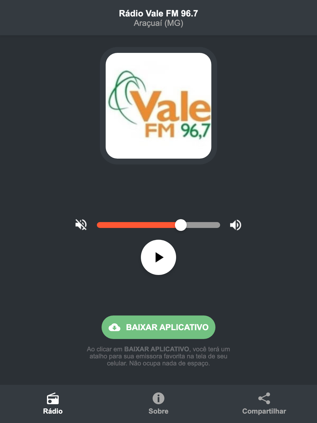 Screenshot do aplicativo da Rádio Vale FM 96.7