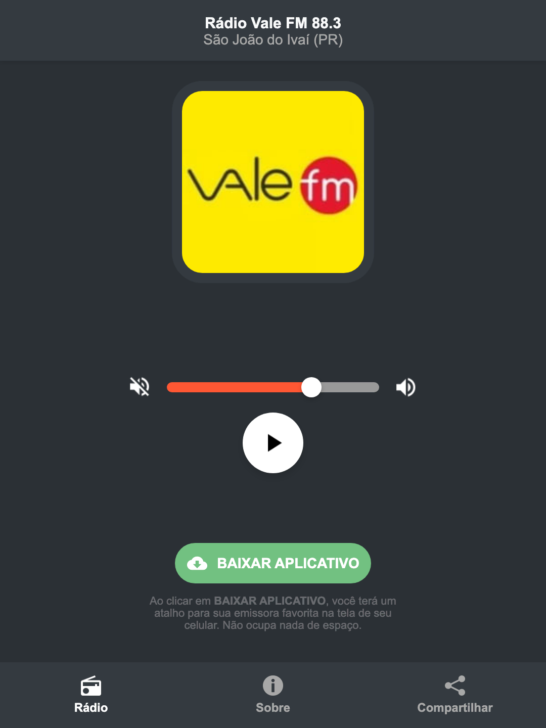 Screenshot do aplicativo da Rádio Vale FM 88.3