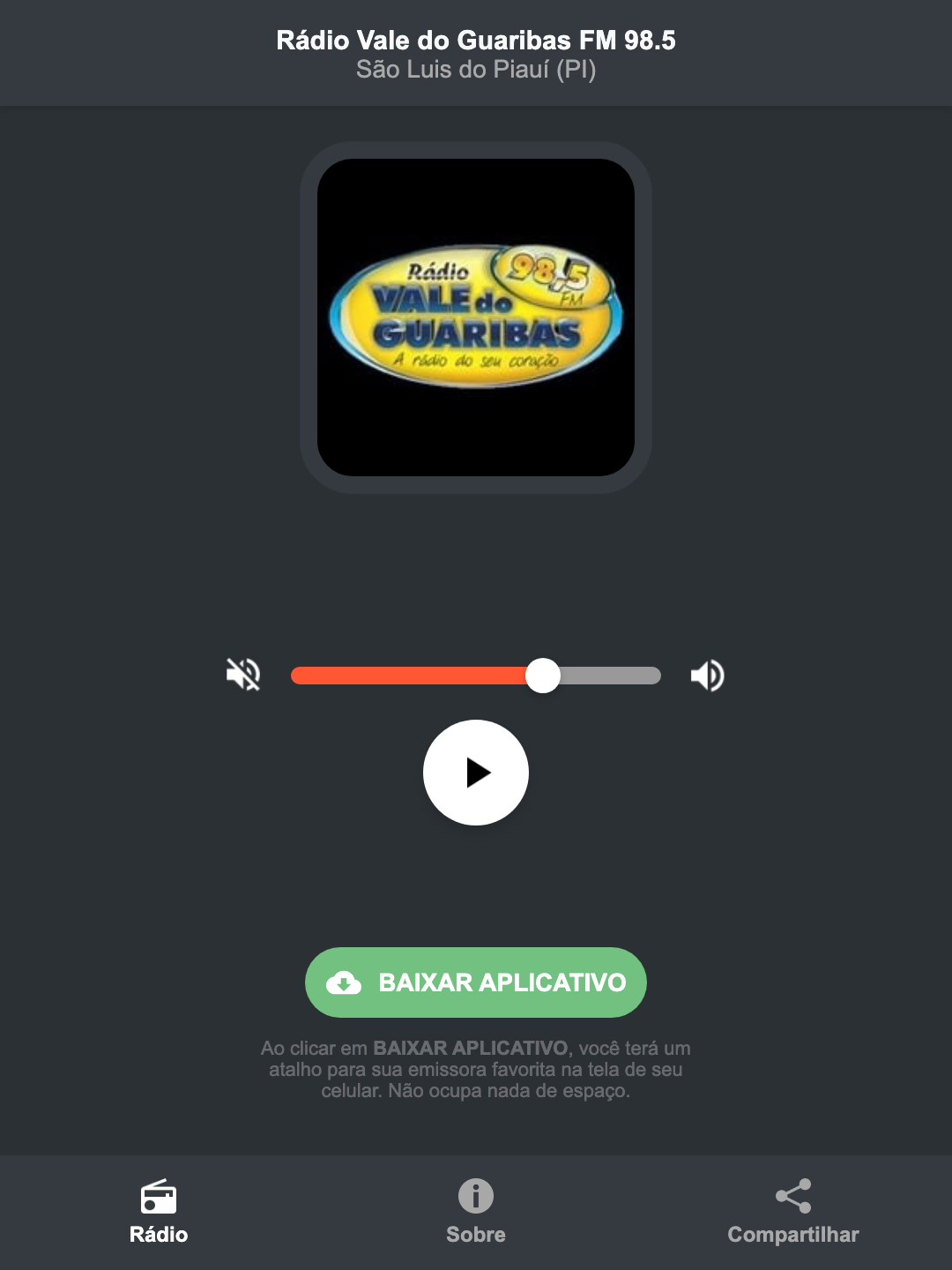 Screenshot do aplicativo da Rádio Vale do Guaribas FM 98.5