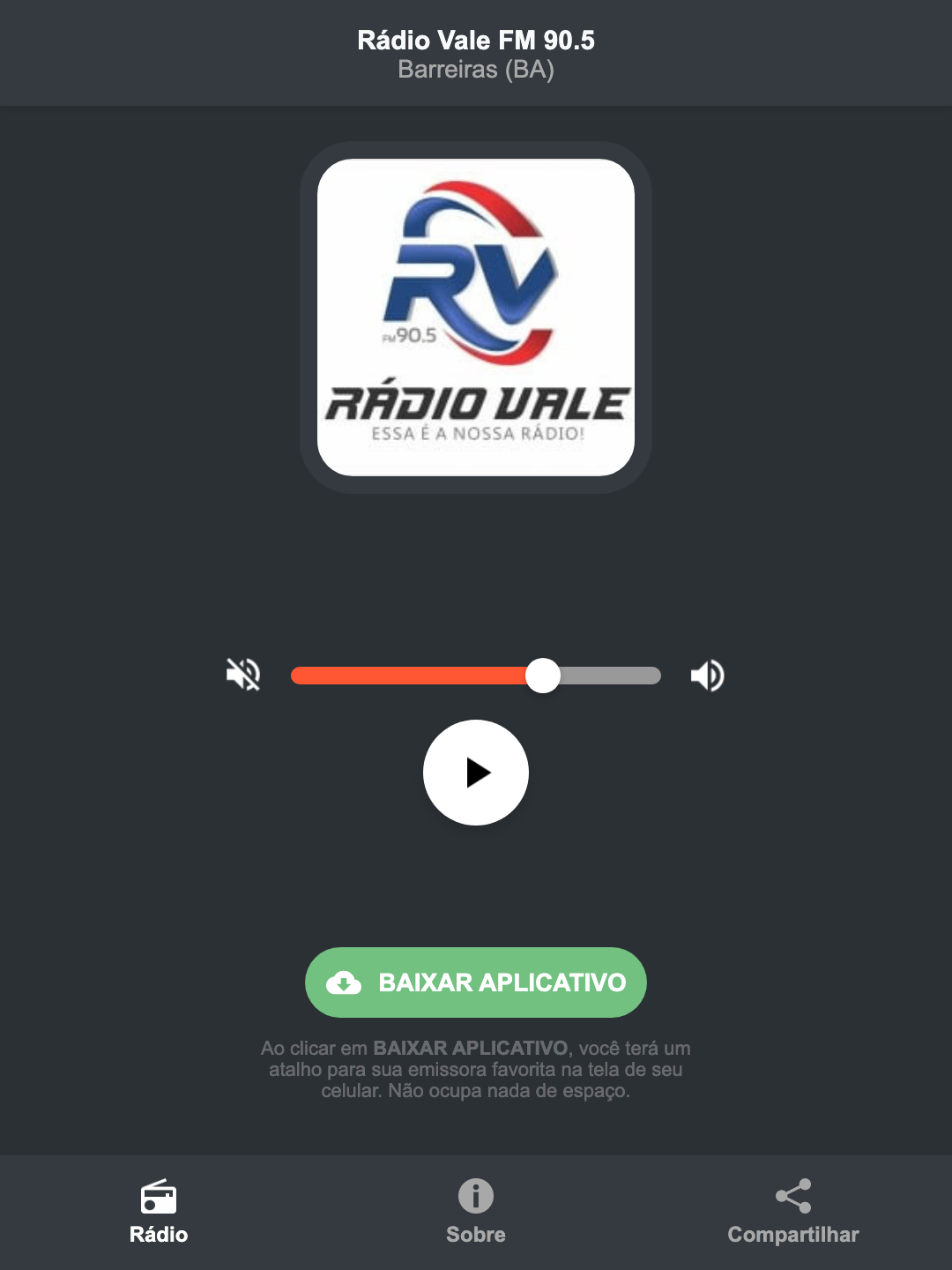 Screenshot do aplicativo da Rádio Vale FM 90.5