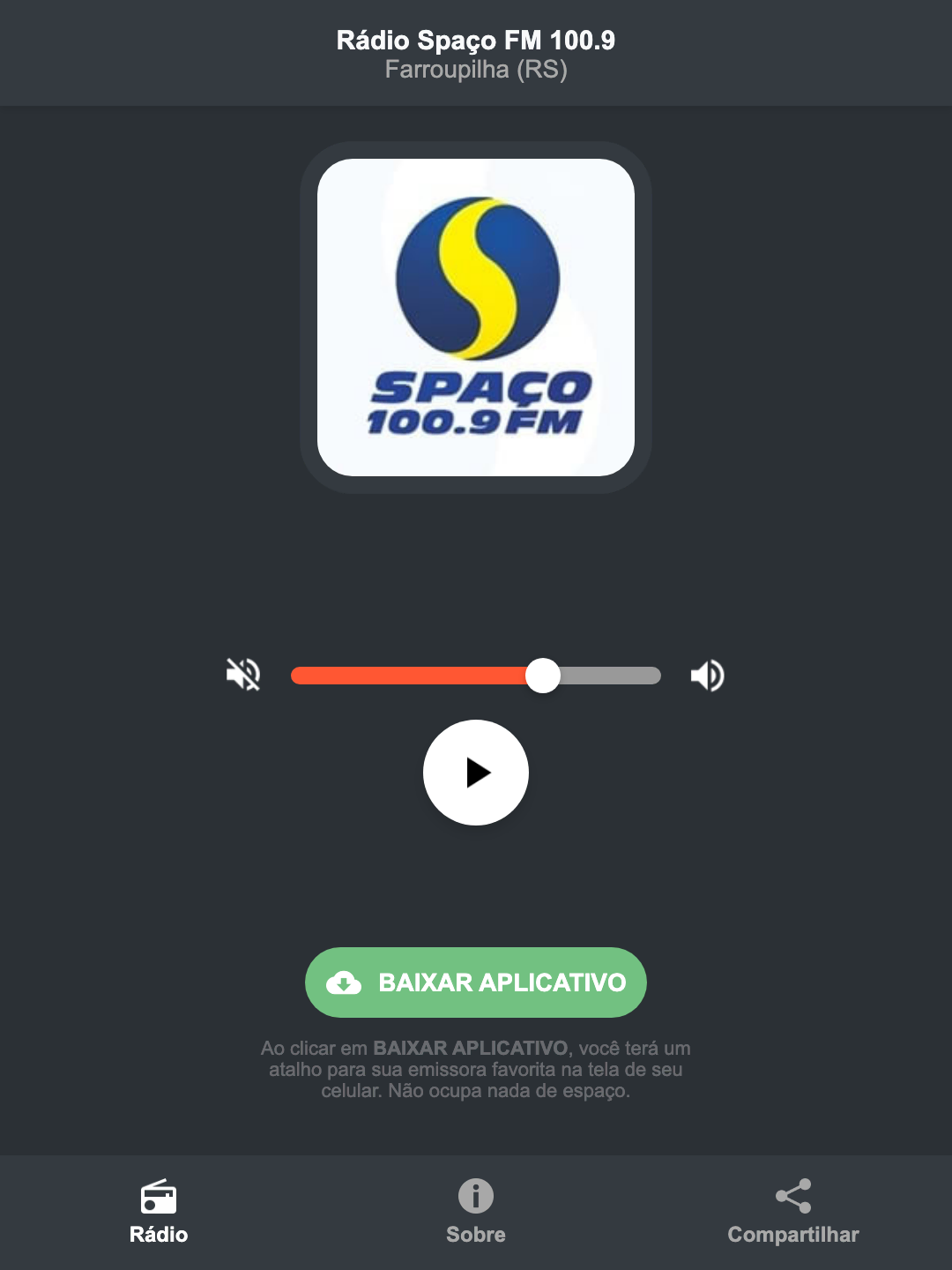 Screenshot do aplicativo da Rádio Spaço FM 100.9