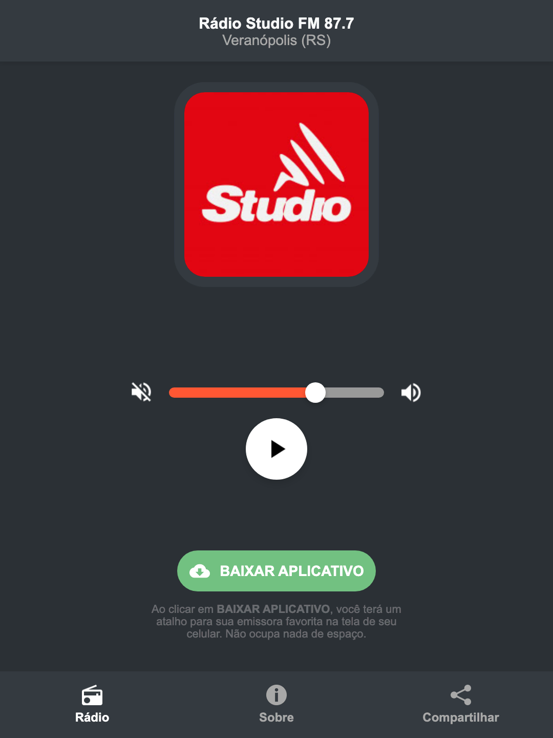 Screenshot do aplicativo da Rádio Studio FM 87.7