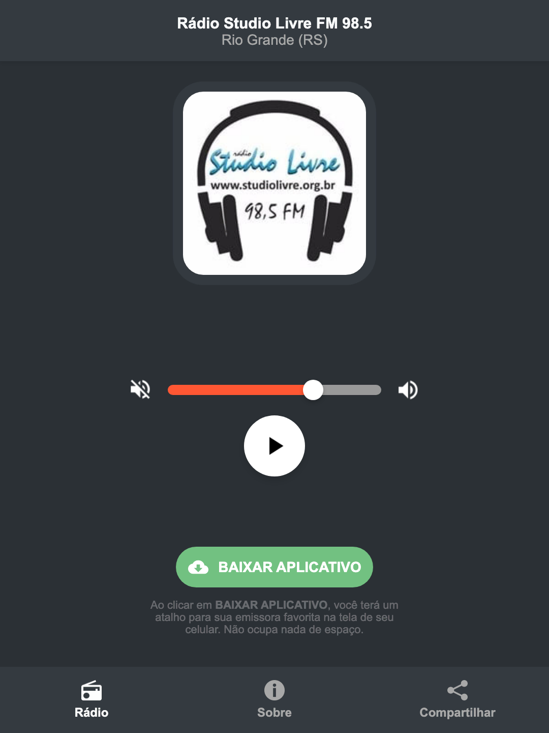 Screenshot do aplicativo da Rádio Studio Livre FM 98.5