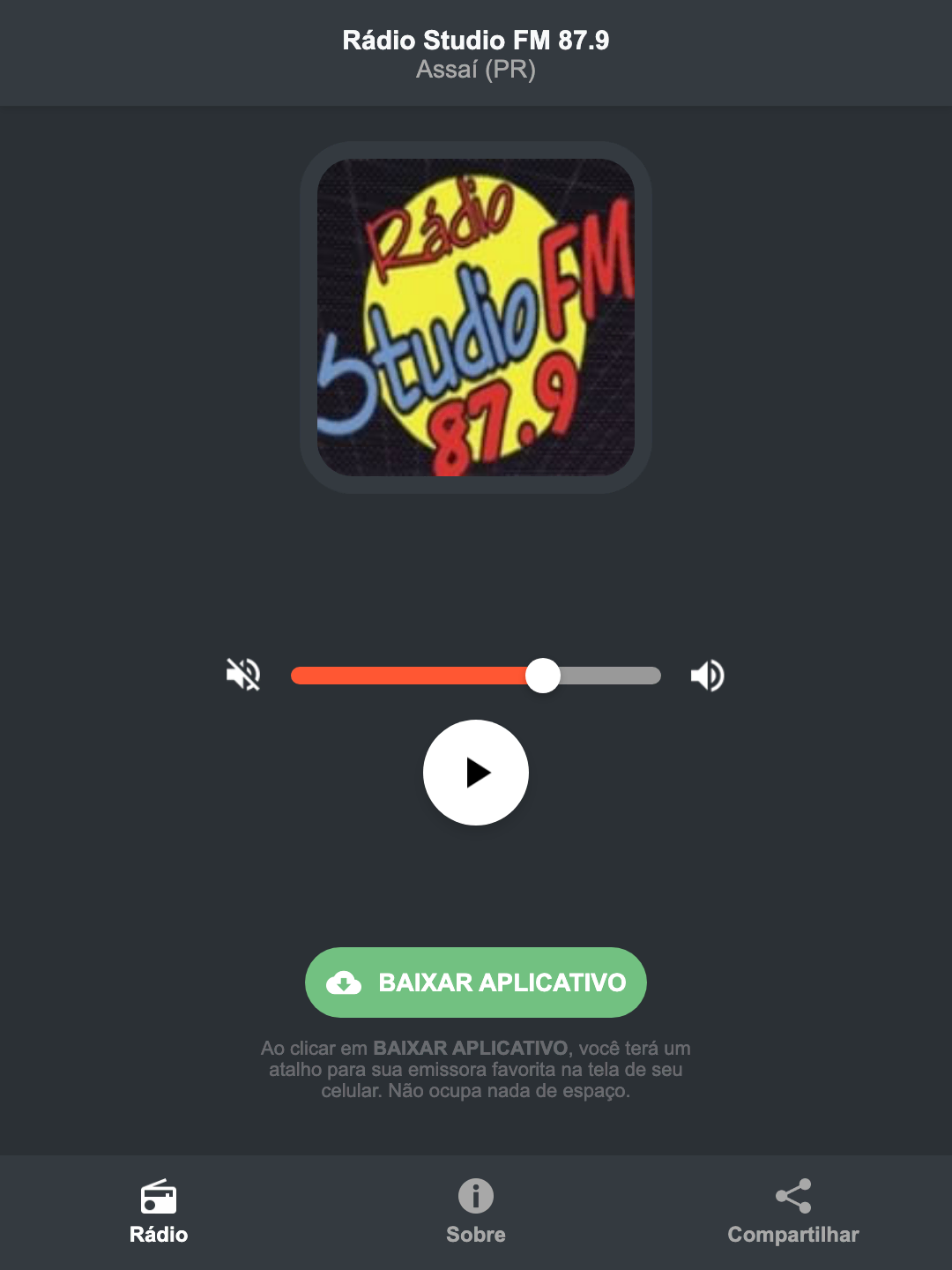 Screenshot do aplicativo da Rádio Studio FM 87.9