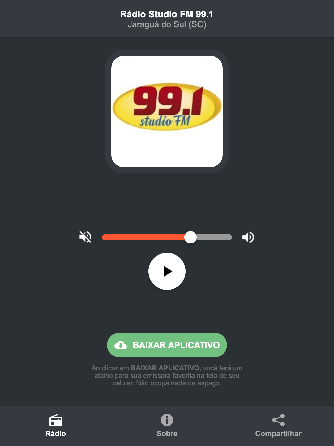 Screenshot do aplicativo da Rádio Studio FM 99.1