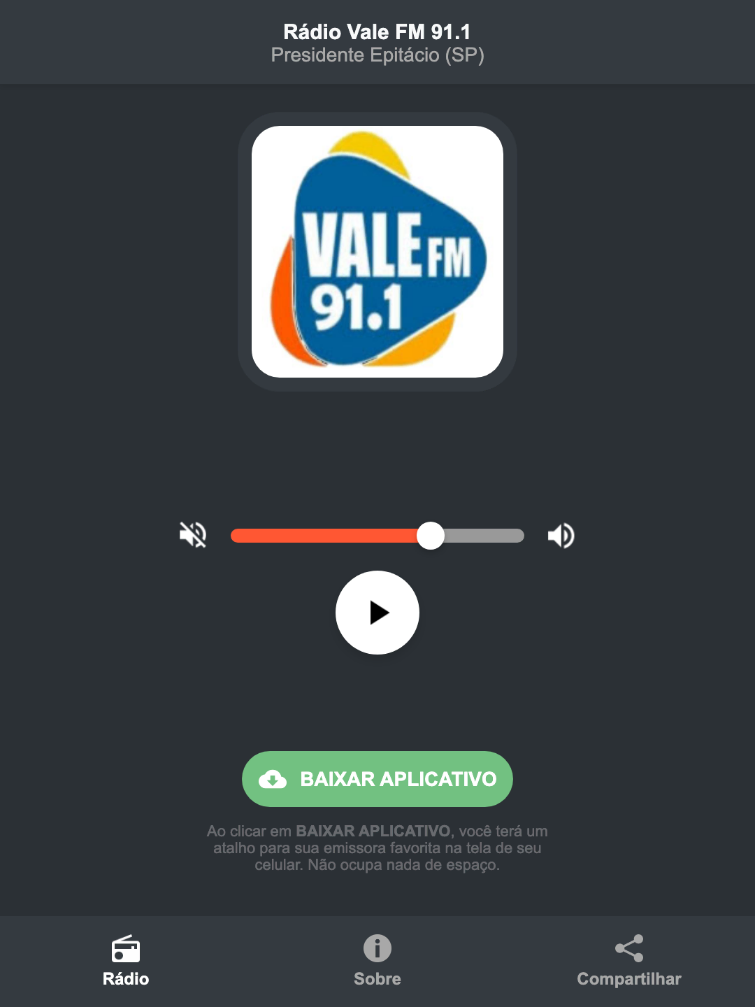 Screenshot do aplicativo da Rádio Vale FM 91.1