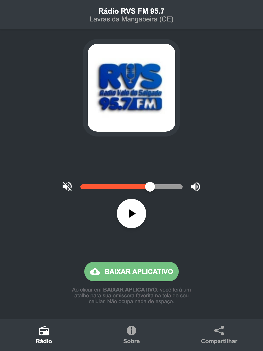 Screenshot do aplicativo da Rádio RVS FM 95.7