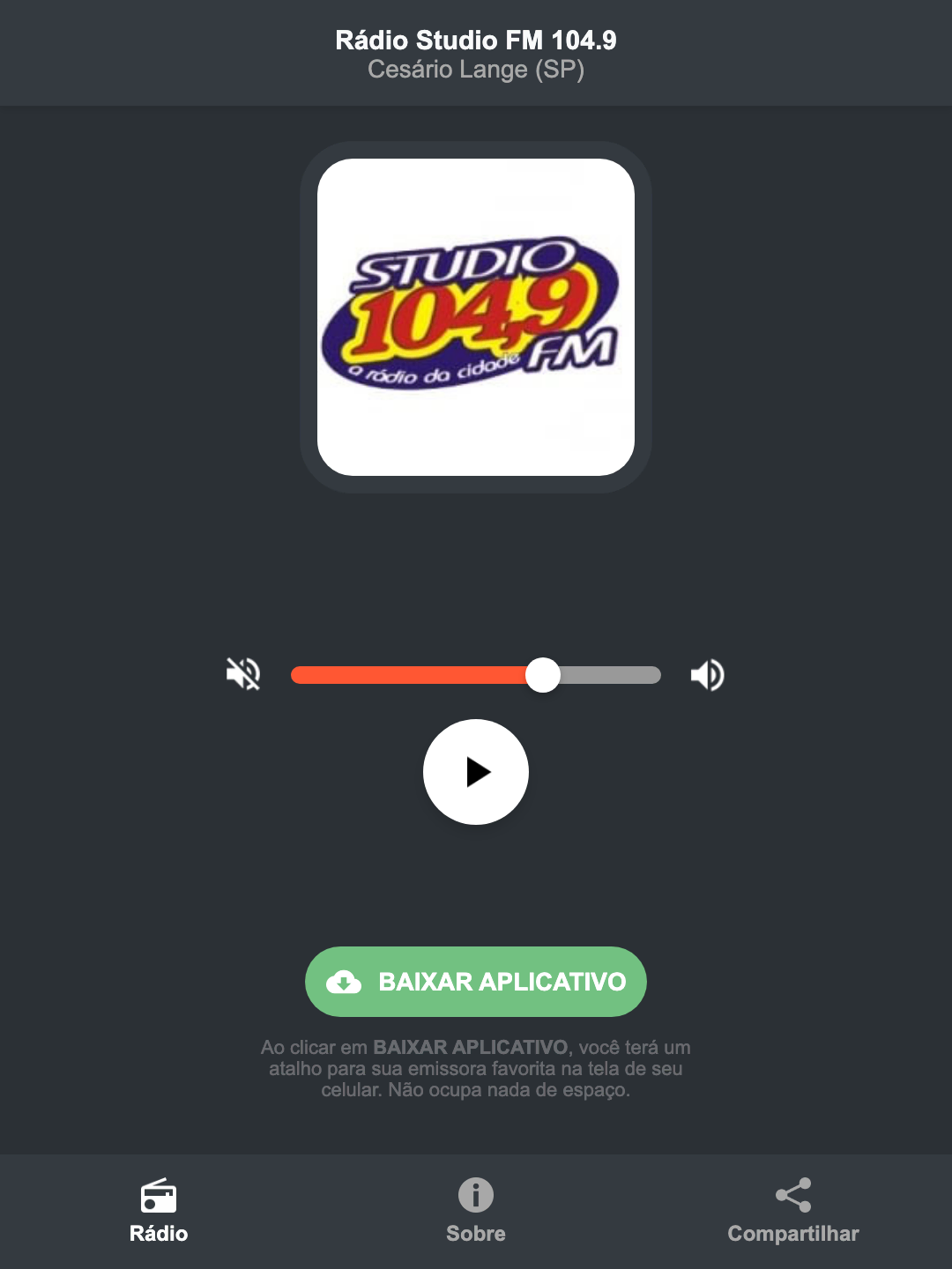 Screenshot do aplicativo da Rádio Studio FM 104.9