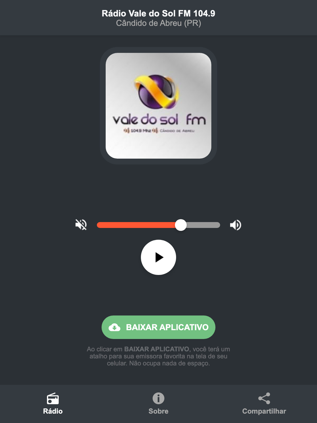 Screenshot do aplicativo da Rádio Vale do Sol FM 104.9