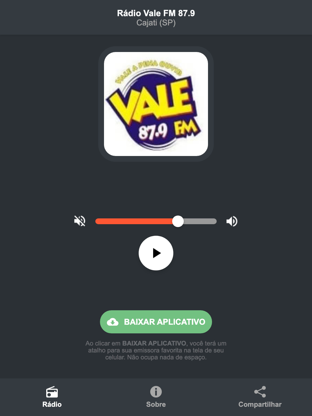 Screenshot do aplicativo da Rádio Vale FM 87.9