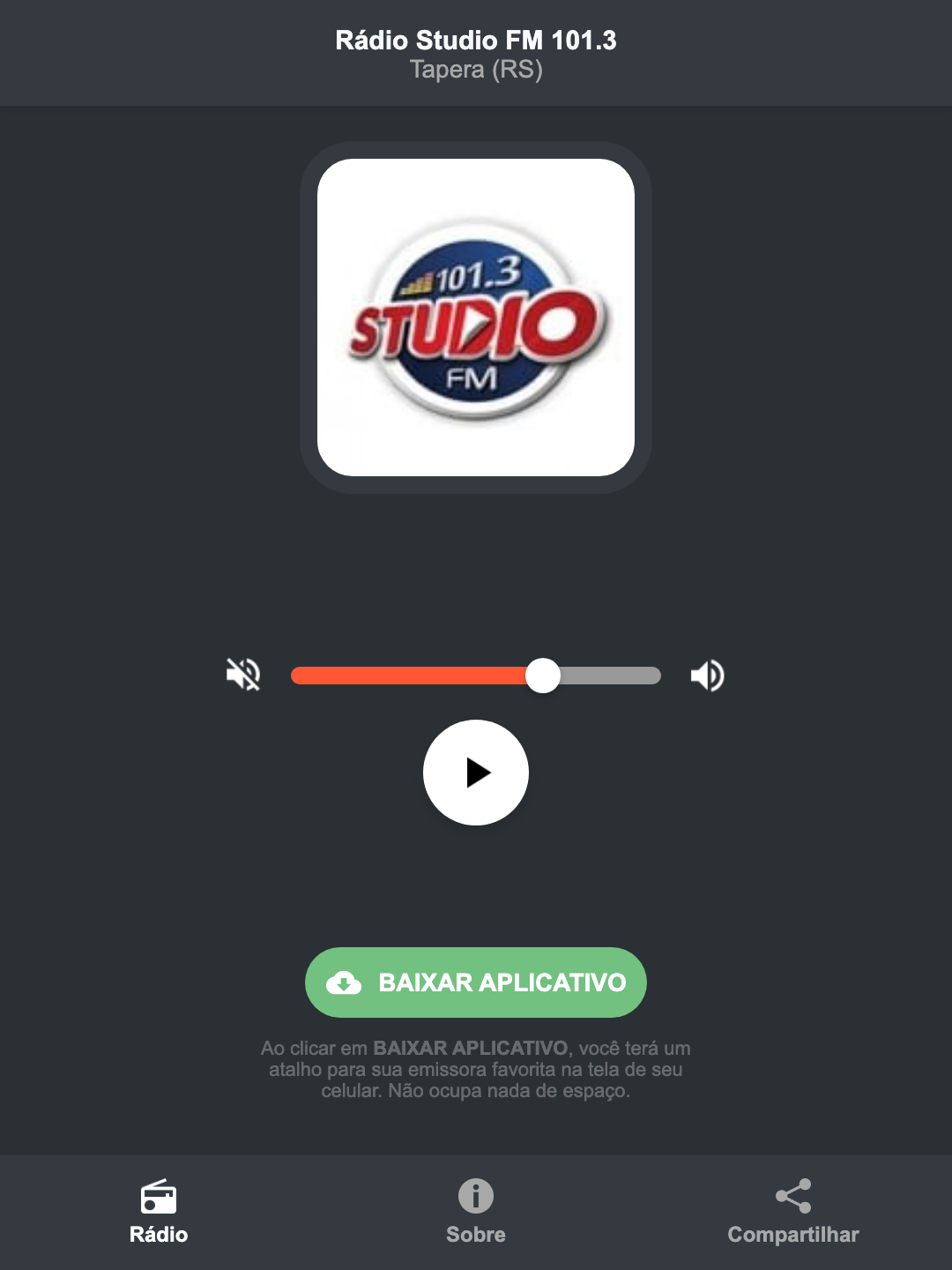 Screenshot do aplicativo da Rádio Studio FM 101.3