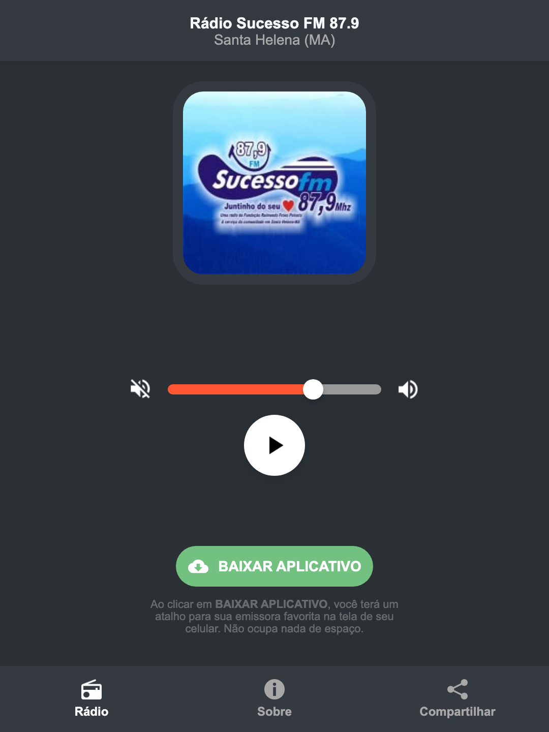 Screenshot do aplicativo da Rádio Sucesso FM 87.9