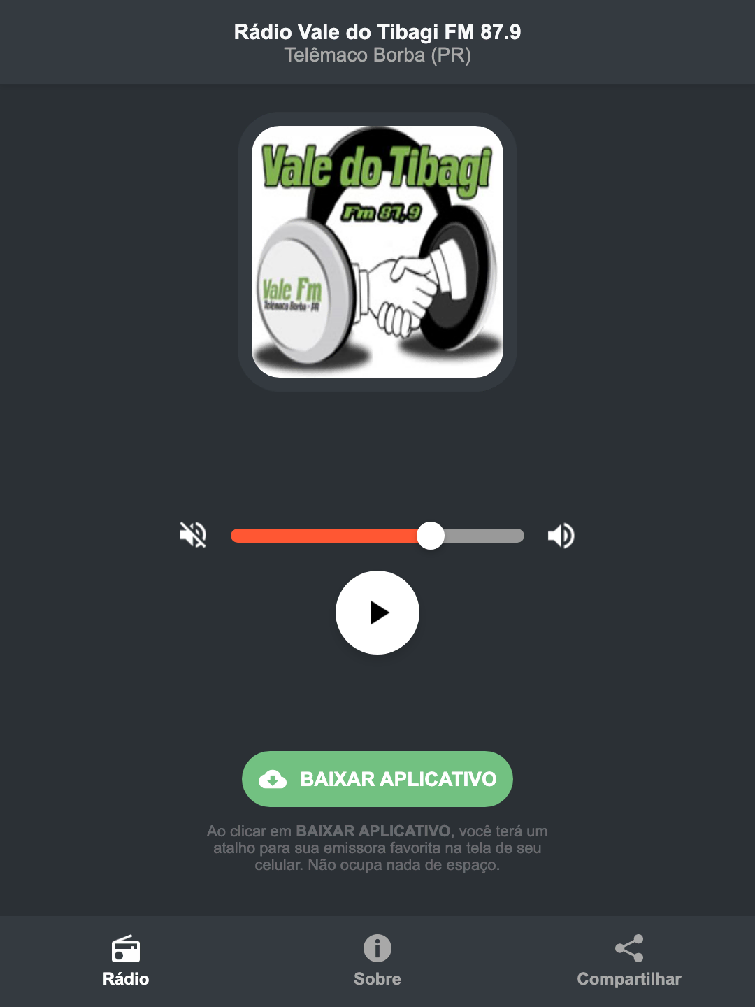 Screenshot do aplicativo da Rádio Vale do Tibagi FM 87.9