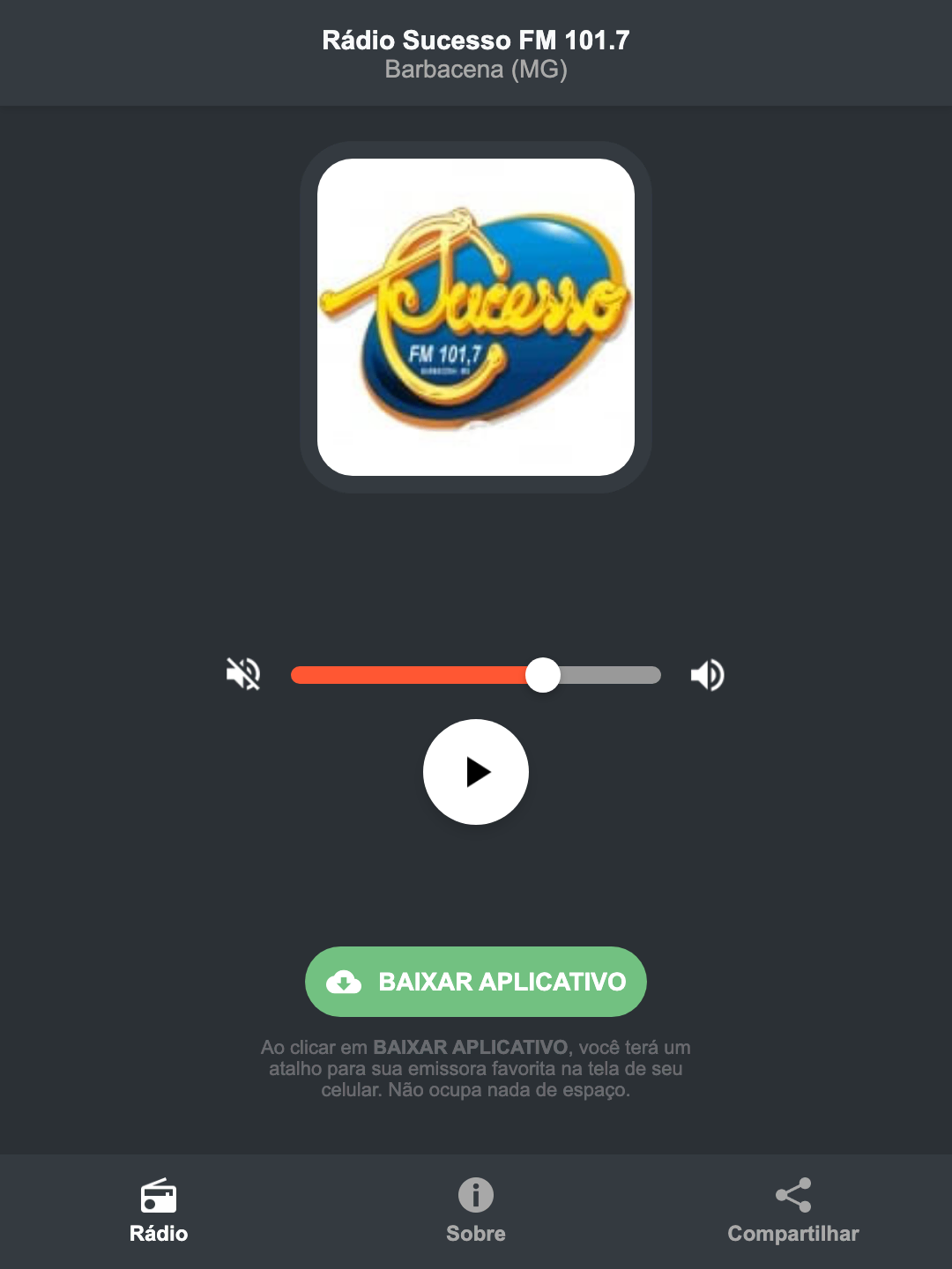Screenshot do aplicativo da Rádio Sucesso FM 101.7