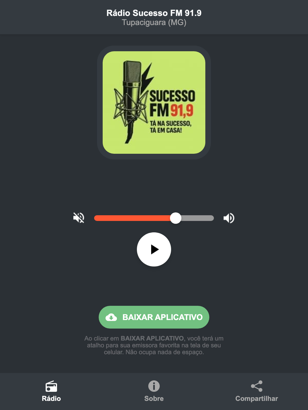 Screenshot do aplicativo da Rádio Sucesso FM 91.9