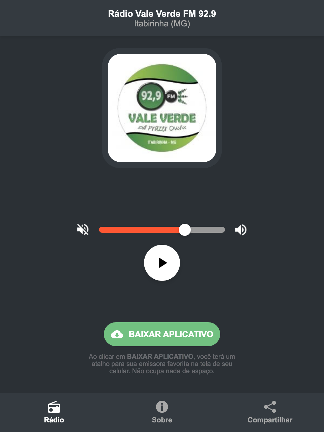 Screenshot do aplicativo da Rádio Vale Verde FM 92.9