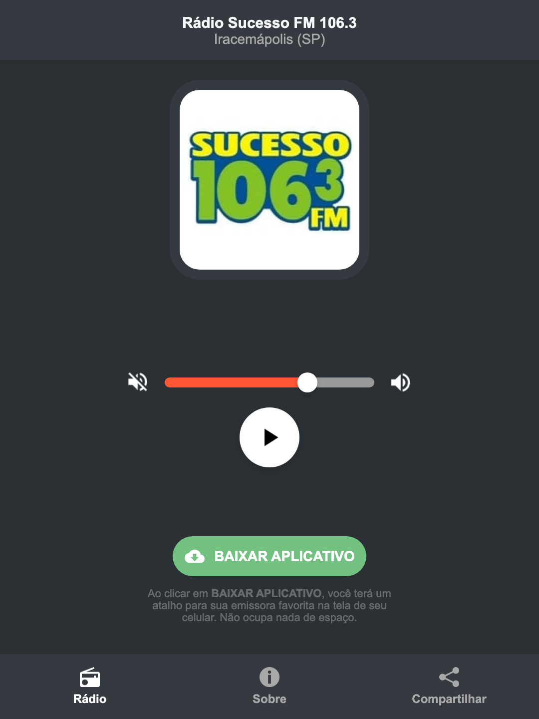 Screenshot do aplicativo da Rádio Sucesso FM 106.3
