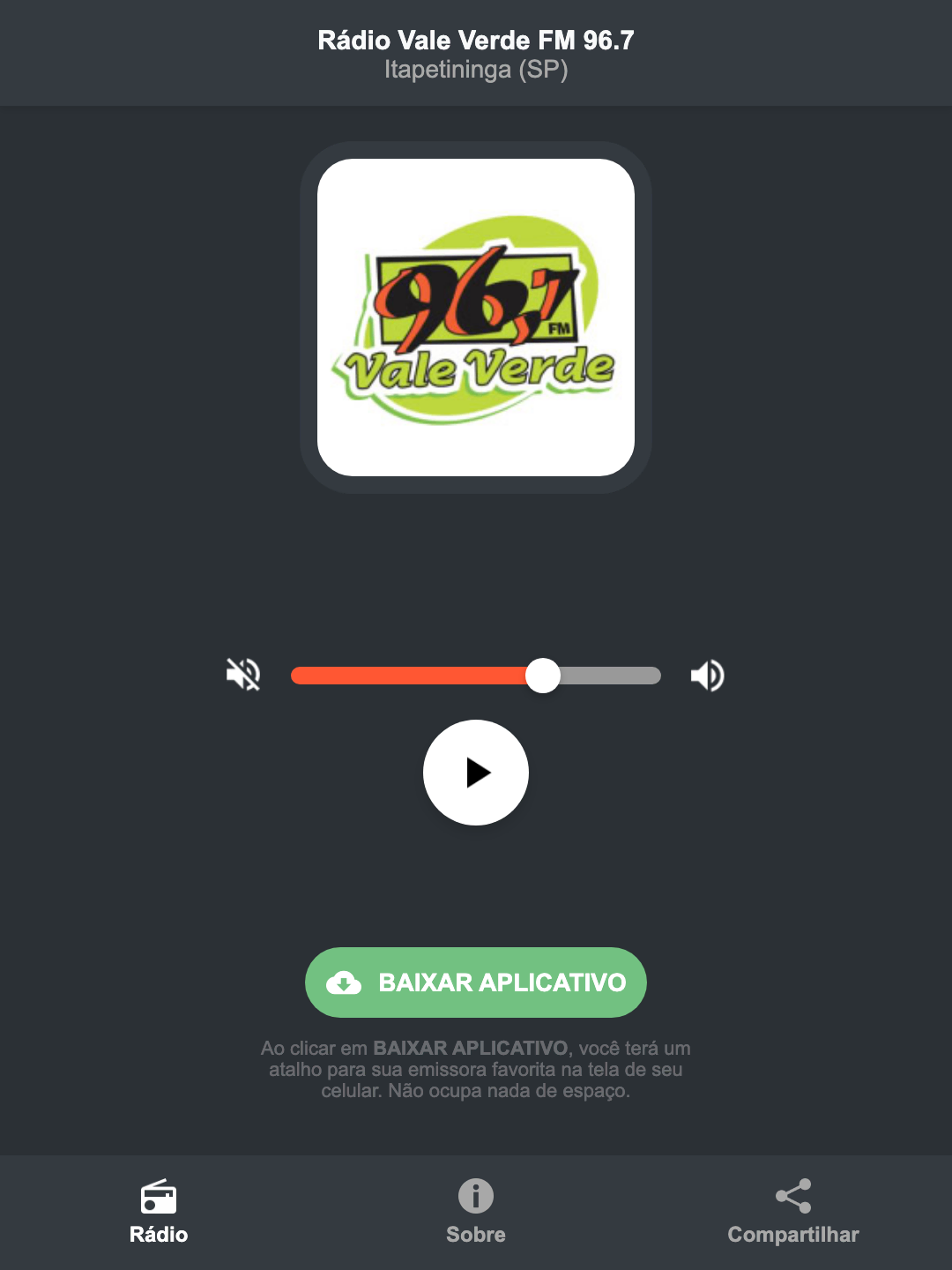 Screenshot do aplicativo da Rádio Vale Verde FM 96.7