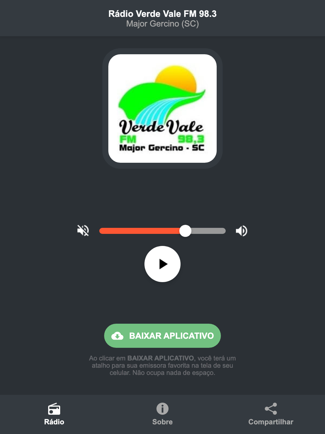 Screenshot do aplicativo da Rádio Verde Vale FM 98.3