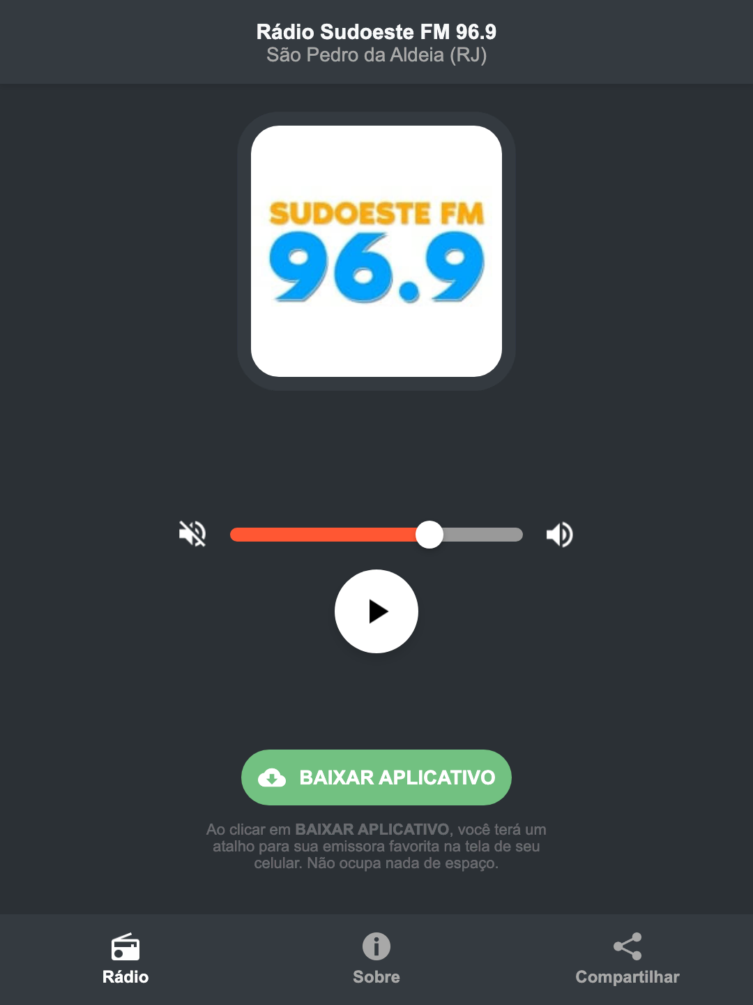 Screenshot do aplicativo da Rádio Sudoeste FM 96.9
