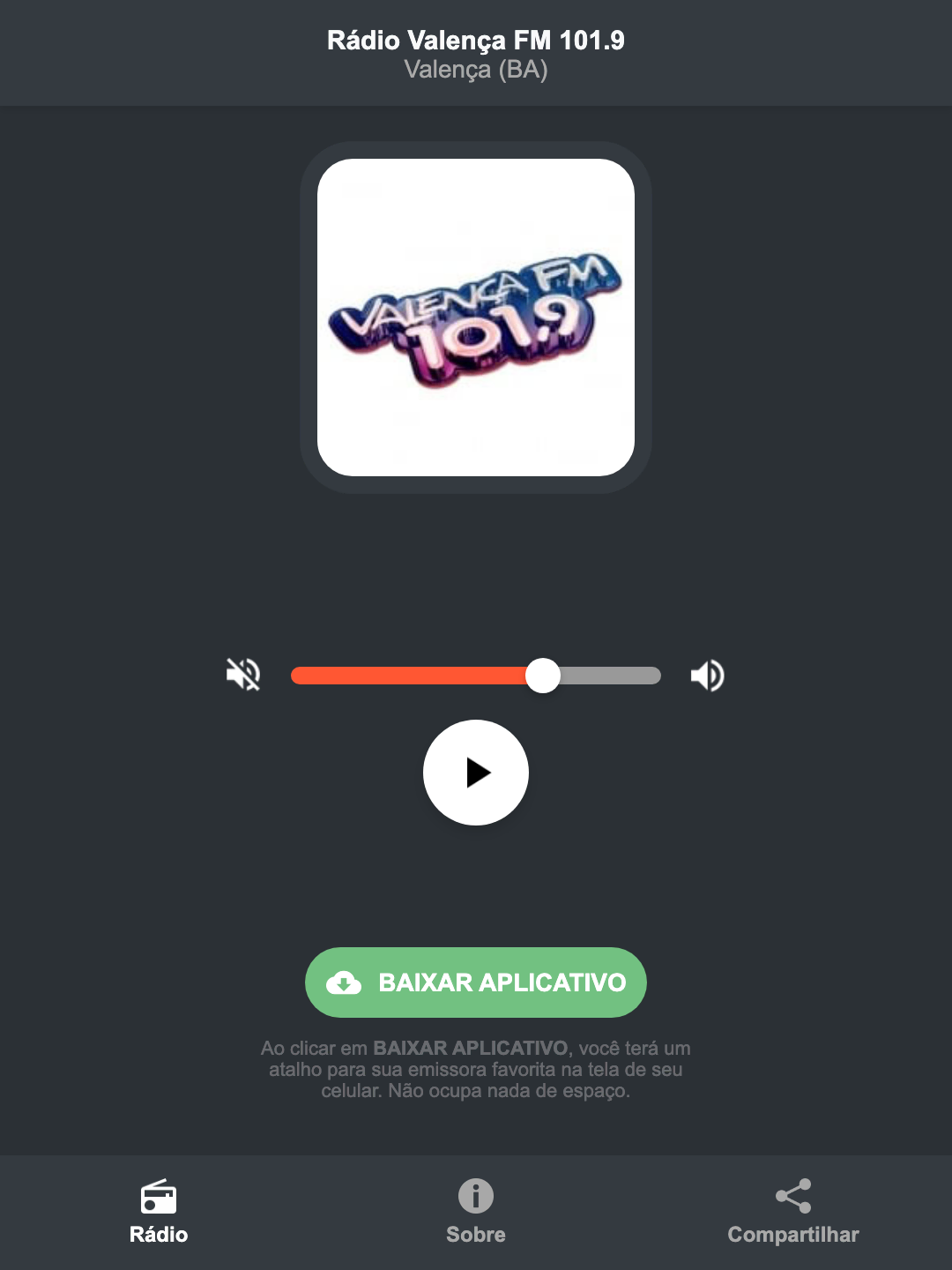 Screenshot do aplicativo da Rádio Valença FM 101.9