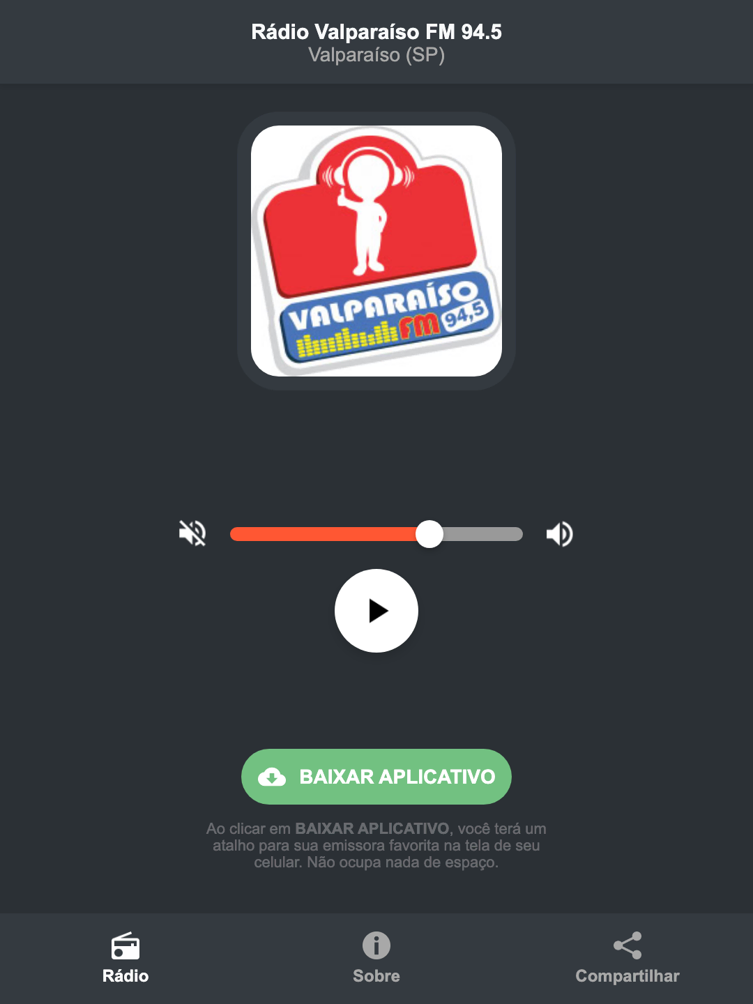 Screenshot do aplicativo da Rádio Valparaíso FM 94.5
