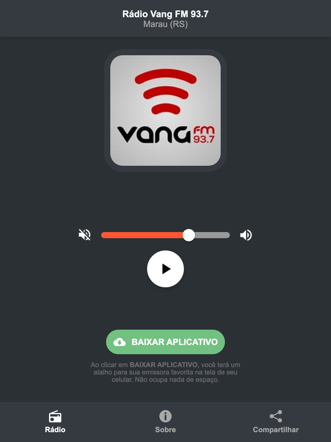 Screenshot do aplicativo da Rádio Vang FM 93.7