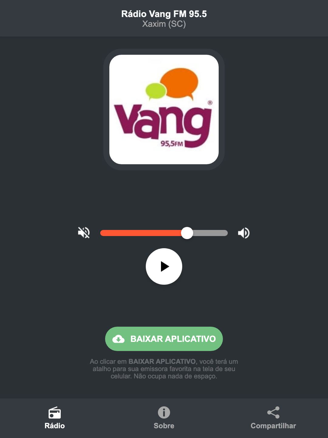 Screenshot do aplicativo da Rádio Vang FM 95.5