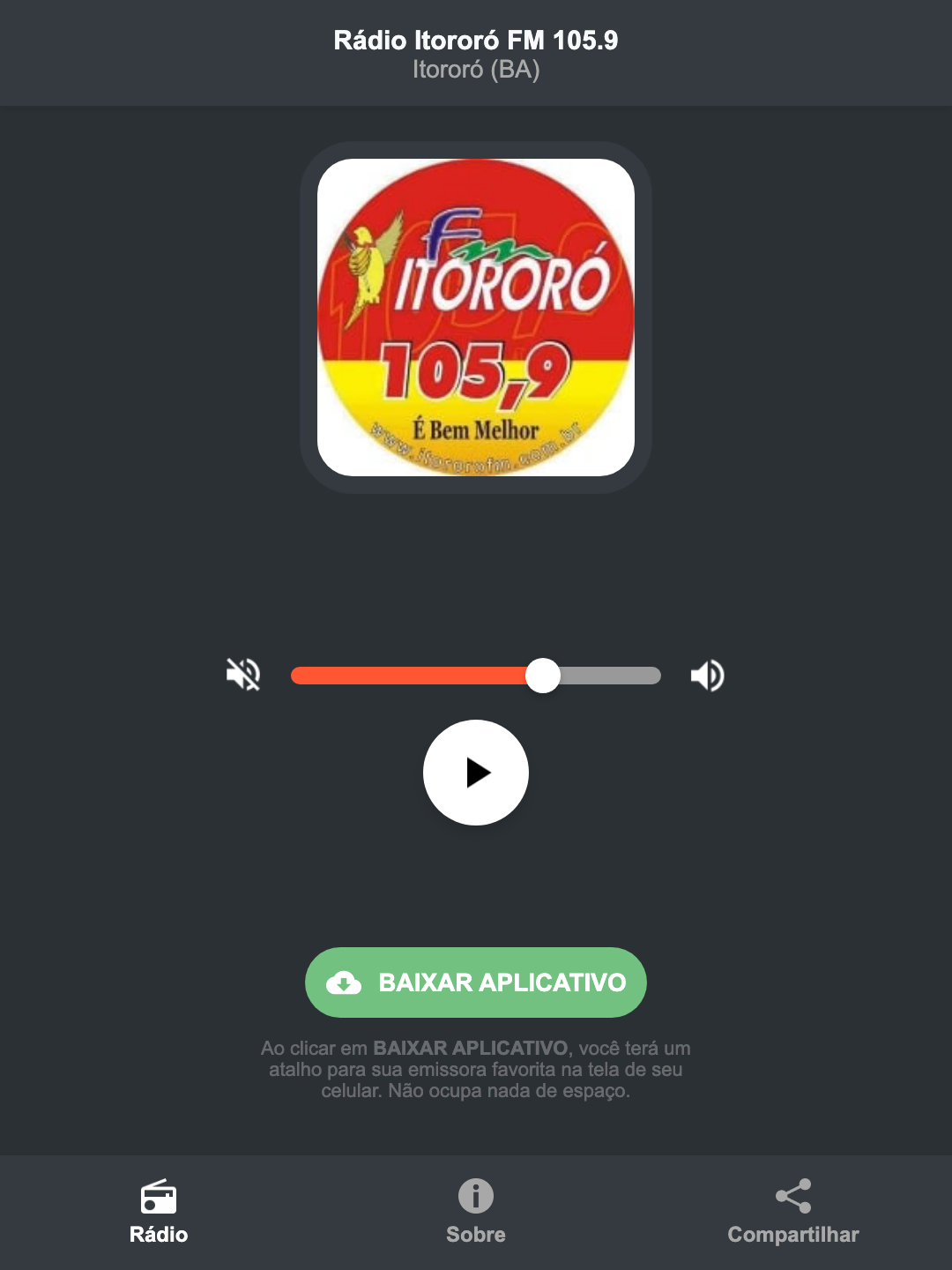 Screenshot do aplicativo da Rádio Itororó FM 105.9