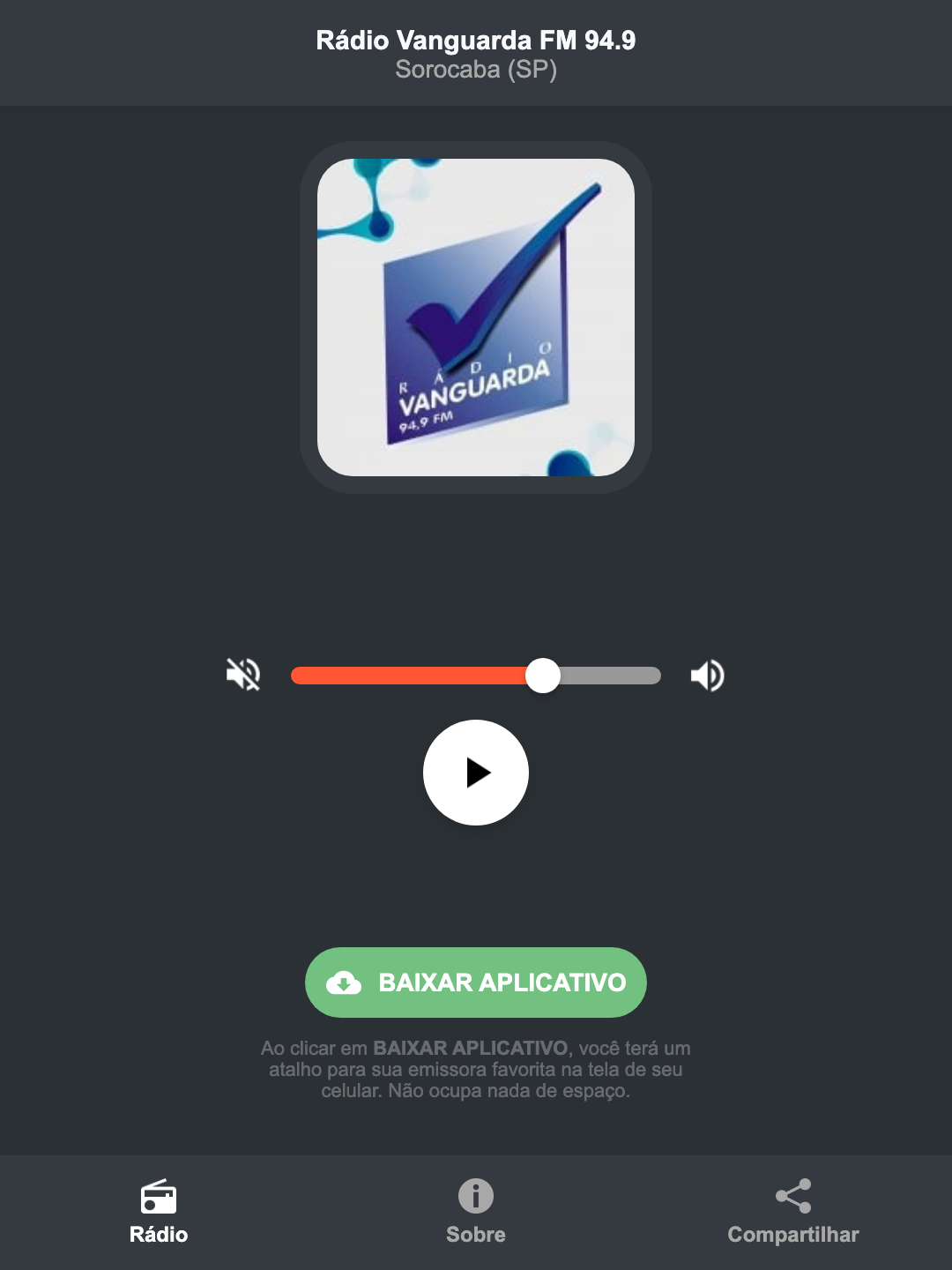 Screenshot do aplicativo da Rádio Vanguarda FM 94.9