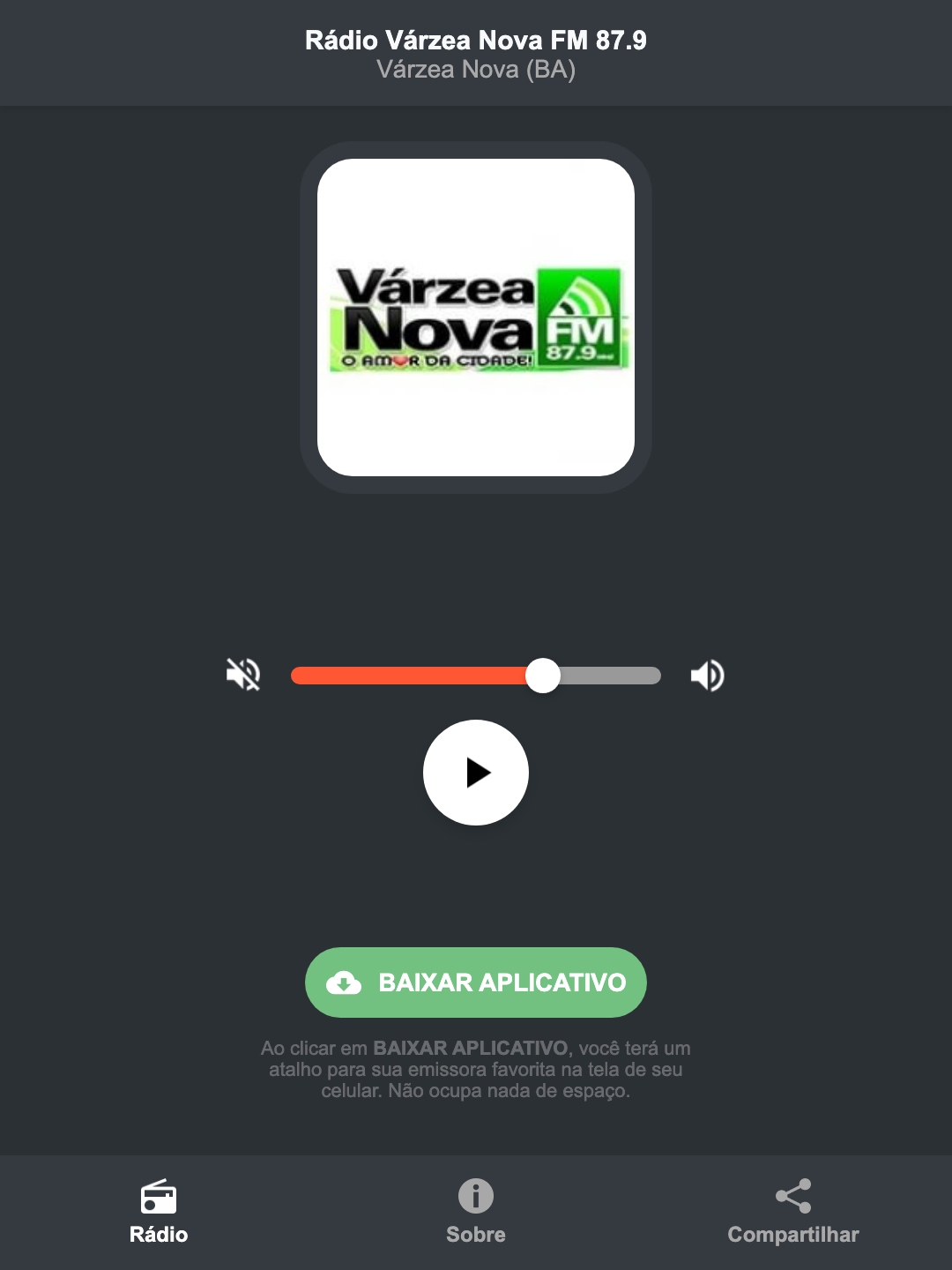 Screenshot do aplicativo da Rádio Várzea Nova FM 87.9