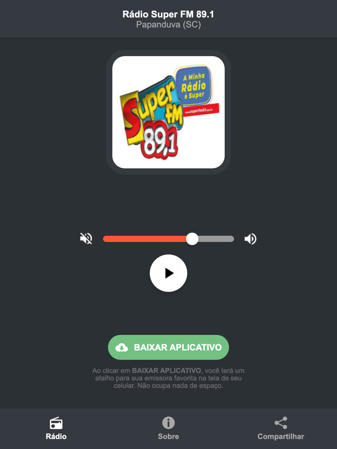 Screenshot do aplicativo da Rádio Super FM 89.1