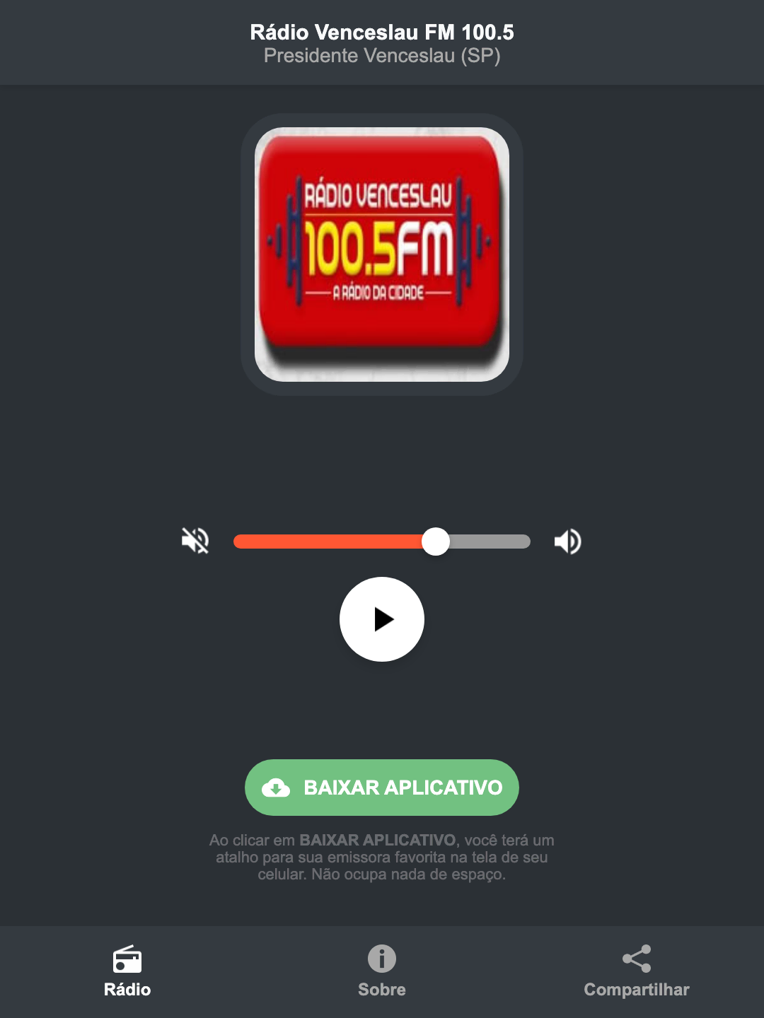 Screenshot do aplicativo da Rádio Venceslau FM 100.5