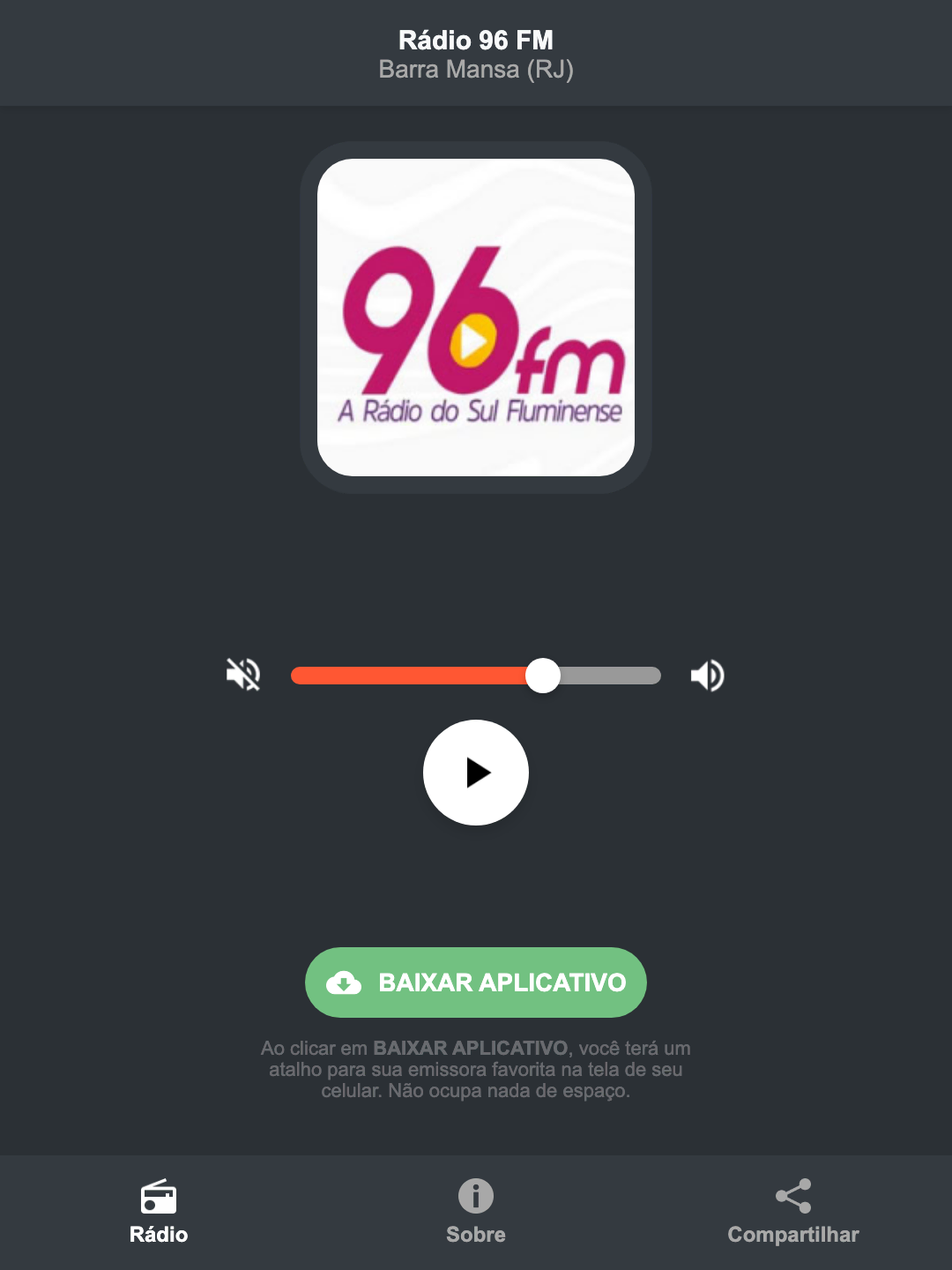 Screenshot do aplicativo da Rádio 96 FM