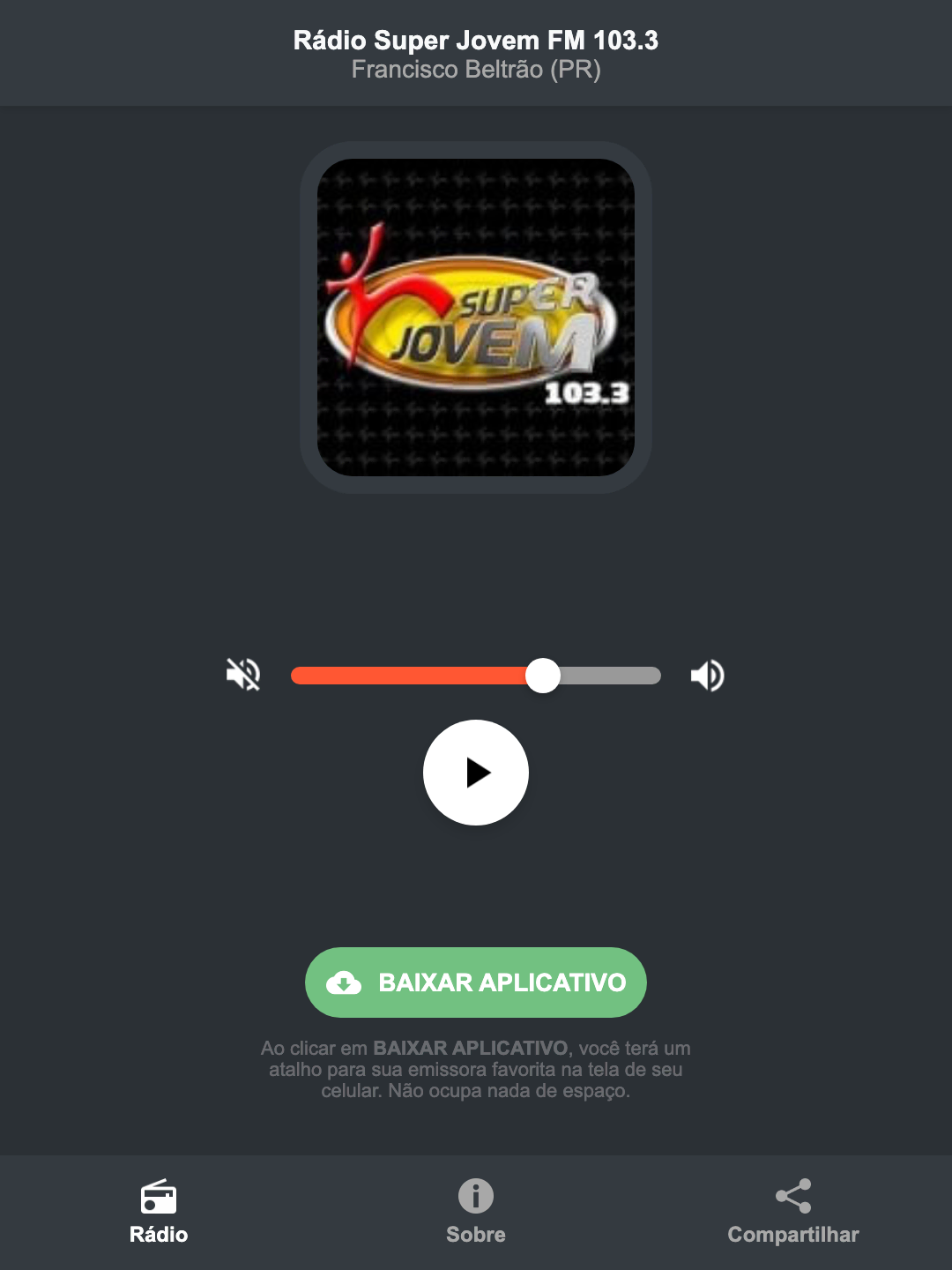 Screenshot do aplicativo da Rádio Super Jovem FM 103.3