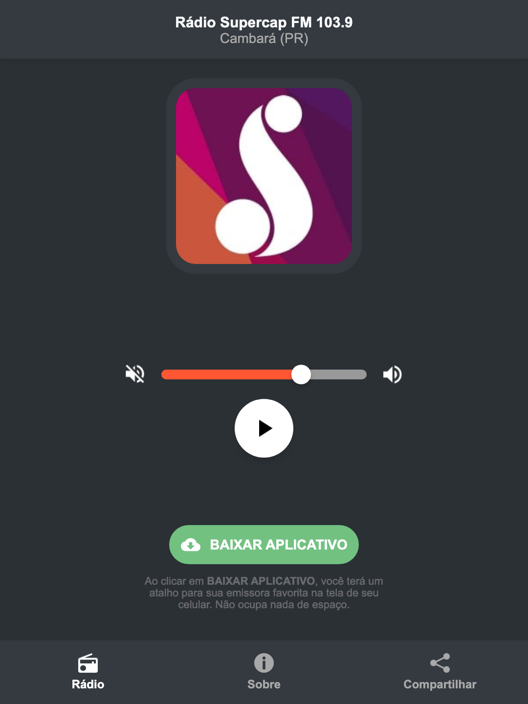 Screenshot do aplicativo da Rádio Supercap FM 103.9