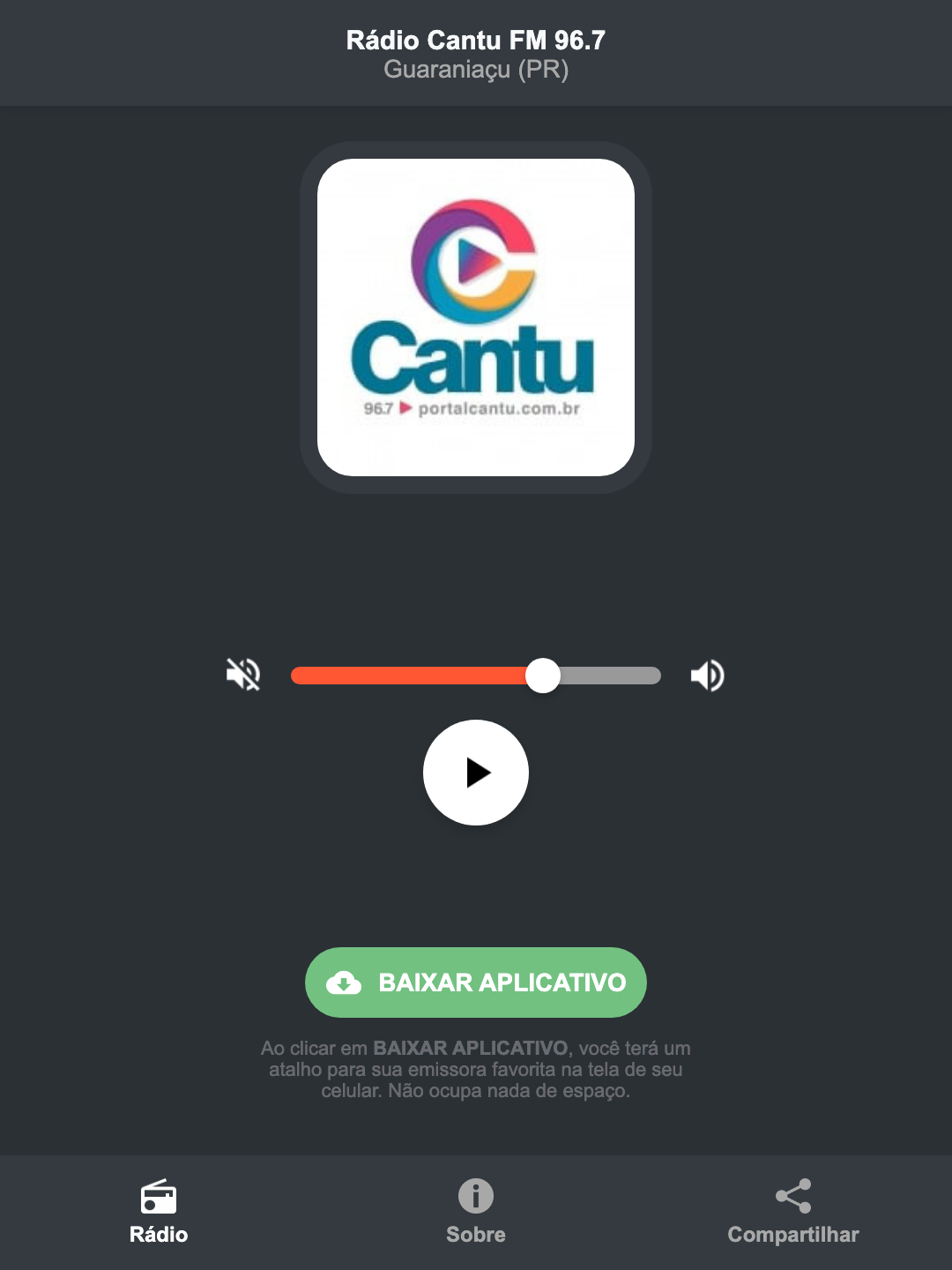 Screenshot do aplicativo da Rádio Cantu FM 96.7