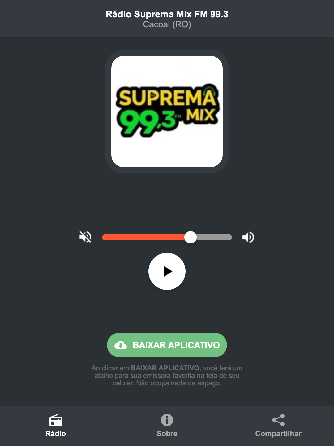Screenshot do aplicativo da Rádio Suprema Mix FM 99.3