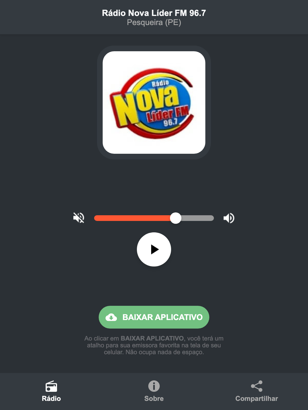 Screenshot do aplicativo da Rádio Nova Líder FM 96.7