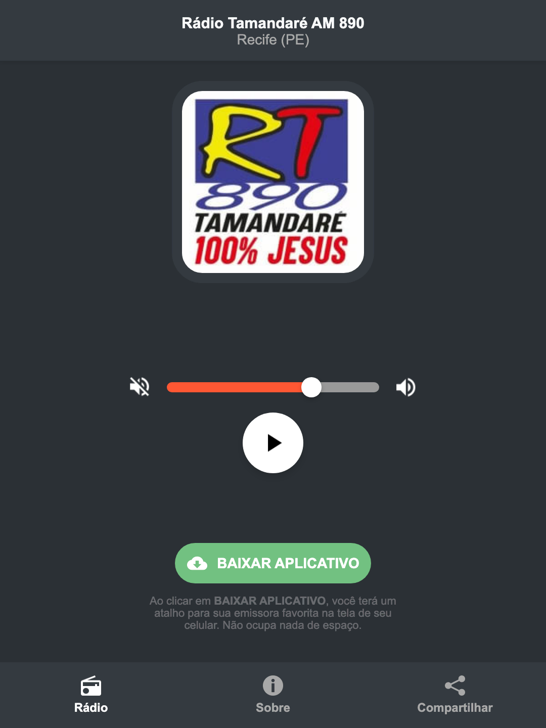 Screenshot do aplicativo da Rádio Tamandaré AM 890